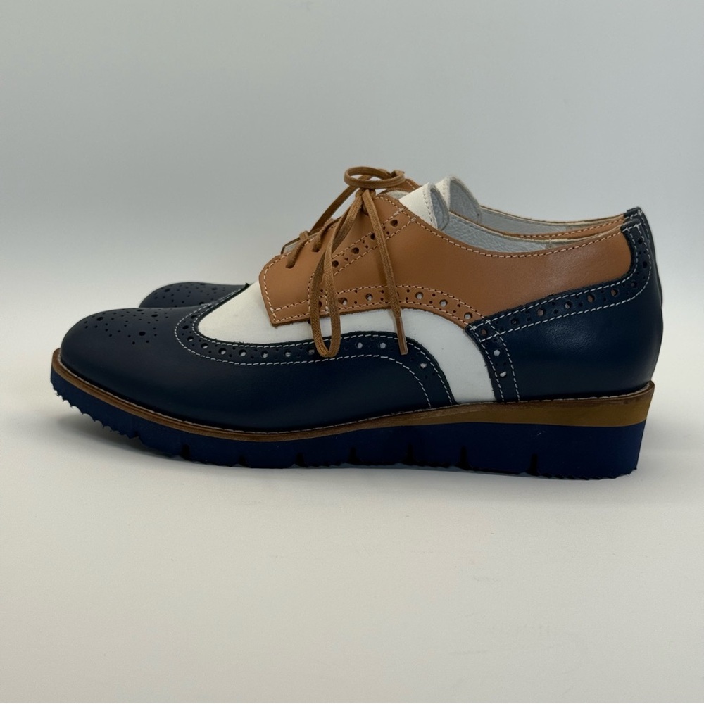 Girotti Wingtip Oxford #2219 Brogue Navy Tan White Leather Size 41 (8.5 US) - Picture 10 of 17